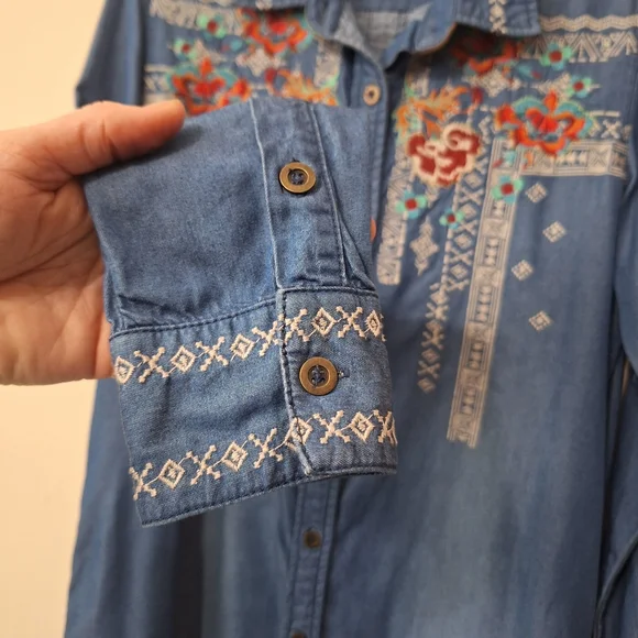 Desigual Lizzy Embroidered Faux Suede Chambray Denim Yoke Shirt Dress S Western - Picture 6 of 10